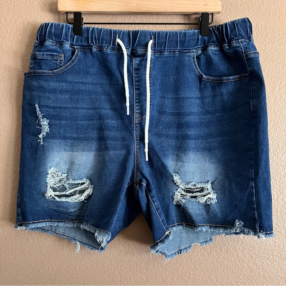 SHEIN Curve Blue Distressed Drawstring High Rise Jean Shorts for Women Size 3XL